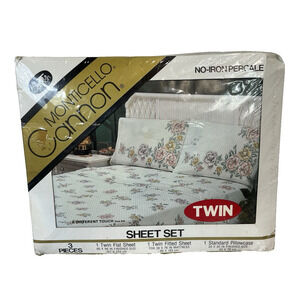 Vintage Monticello Cannon 3pc Twin Sheet Set Pillowcase Orange Yellow Floral 692